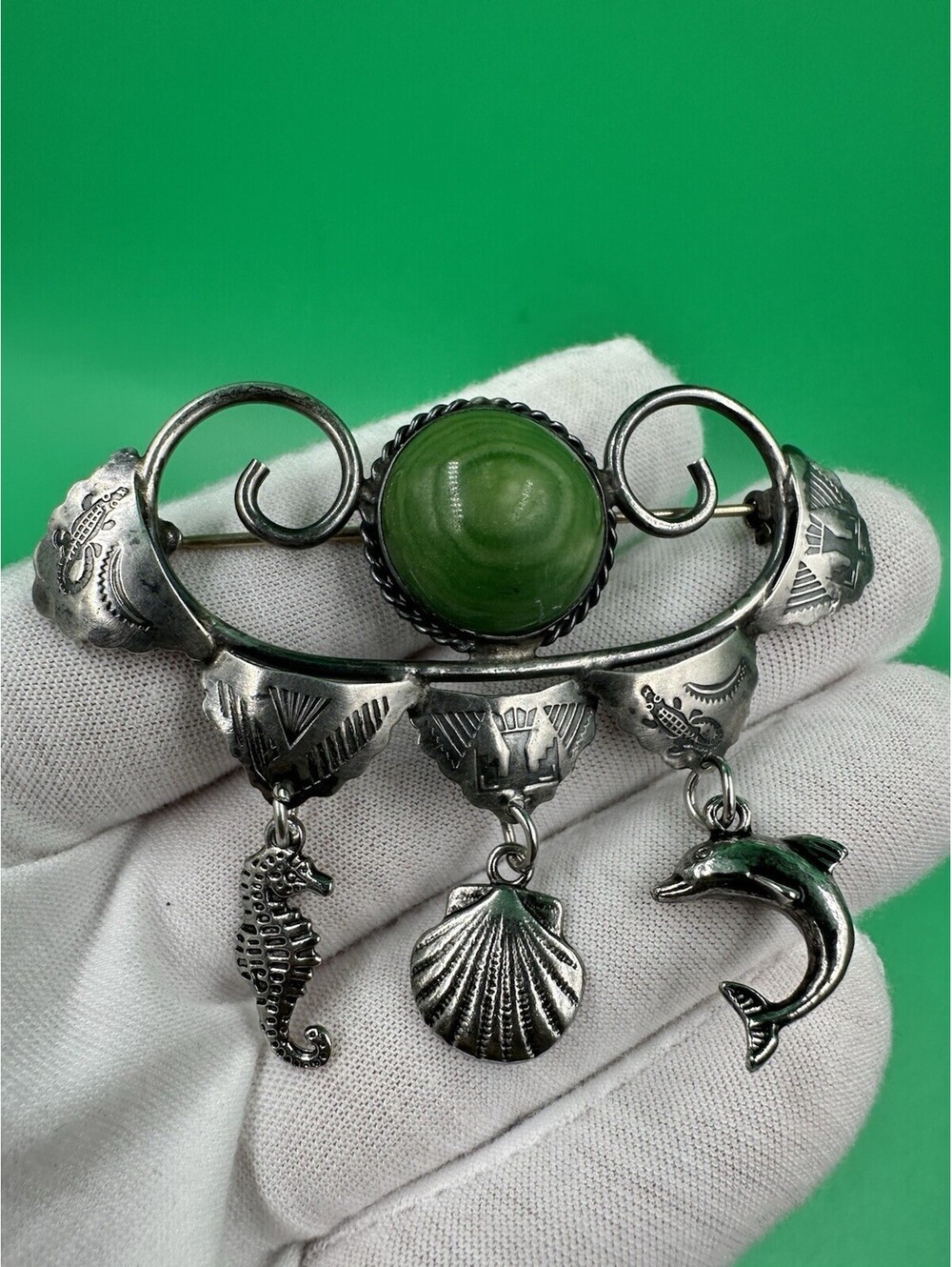 Vintage Sterling Silver Native Southwestern Brooch Green Gem Seahorse Dolphin